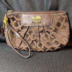 Coach Brown Signature Logo Wristlet with Gold Accents